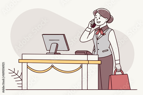 Vector illustration of hotel receptionist at front desk assisting guest