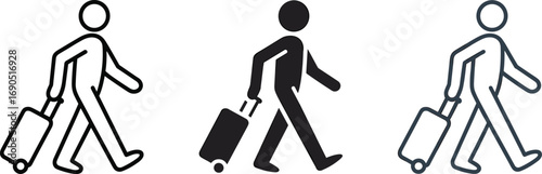 Three Icons of a Person Walking with a Rolling Suitcase silhouette woman