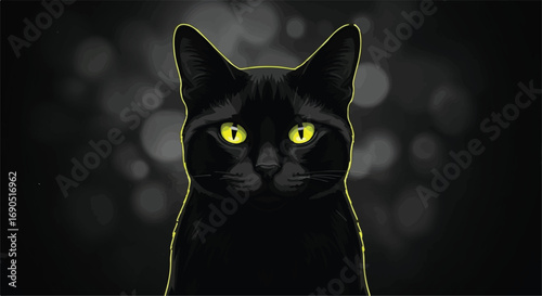 Mysterious black cat with striking yellow eyes gazes intently in the darkness.