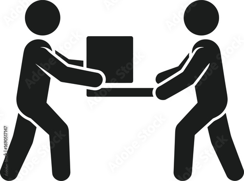 Two people carrying a box together on white background Keywords: teamwork, carrying, box, package