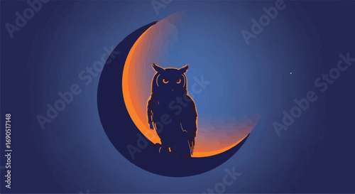 Mysterious owl silhouette perched on a glowing crescent moon against a starry night sky.