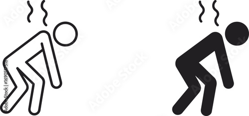 Two Stick Figure Icons Showing a Person Bending Over with Steam on White Keywords: stick figure