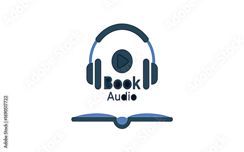 Audiobook Logo with Headphones, Play Button, and Open Book audio book headset