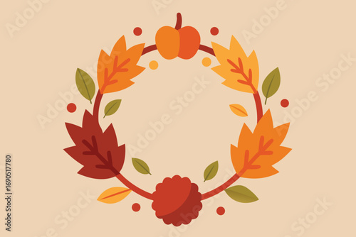 Vector art of a charming autumn wreath adorned with colorful leaves, a vibrant pumpkin, and a rustic flower, all set against a warm, inviting beige backdrop