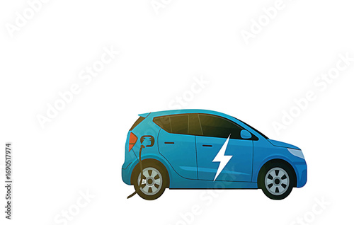 Blue electric car charging with a lightning bolt symbol on white background electricity