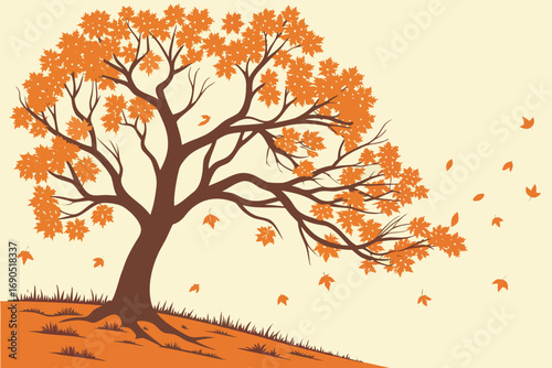 Illustration of an autumn tree on a hill with falling leaves, capturing the essence of the season and the beauty of nature in a serene landscape