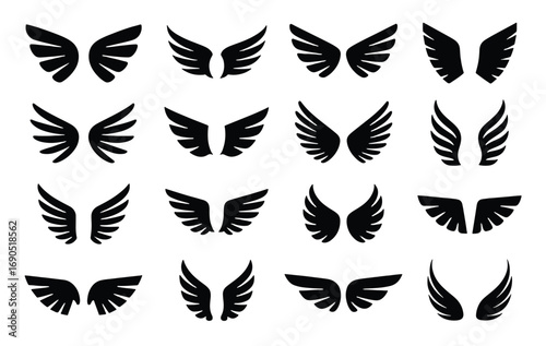 Collection of Black Silhouette Angel Wings Icons and Symbols vector illustration