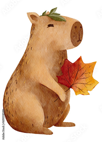 Watercolor Capybara holding Autumn leaf with leafy crown for fall,Thanksgiving Seasonal project,greeting card cozy decoration,children book,woodland animal,Hand paint cartoon for creative storytelling