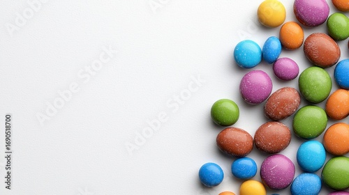 Colorful Candy Coated Chocolates on White Background, Generative AI
