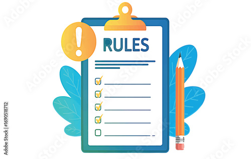 Clipboard with Rules List, Exclamation Mark, Pencil and Leaves vector illustration