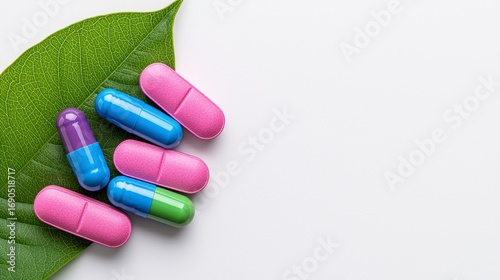Colorful Capsules on Green Leaf with Pink Blue Purple and White Background, Generative AI