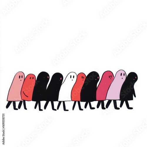 Colorful Characters Walking in a Line, Generative AI