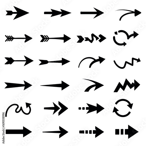 20 Arrow Silhouettes Vector Icons – Diverse Black Flat Forms and Line Weights for UI/UX