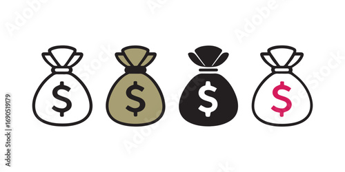 Money Bag Icons – Minimalist Dollar Sack Symbols in Multiple Styles and Colors for Finance, Banking, Investment, Budgeting, Wealth Management, Business Growth, and Economic Planning Graphics


