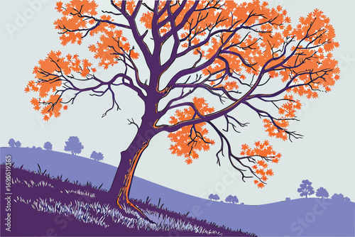 Vector art of a picturesque autumn tree with vibrant orange leaves stands gracefully on a hillside, capturing the essence of the fall season and its breathtaking beauty