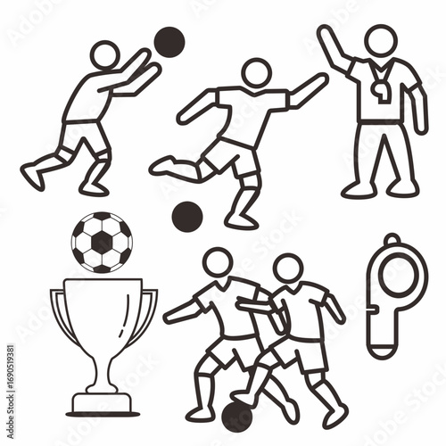 Soccer and Football Vector Icon Set with Players, Referee, Ball, Trophy, and Whistle