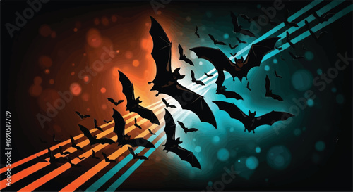 Mysterious swarm of bats flying through a dark, atmospheric night sky with glowing lights.
