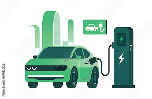 Electric car charging at a station with futuristic buildings in the background charging station
