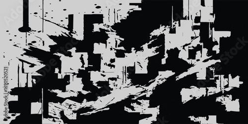 Monochromatic abstract art showcases a dynamic interplay of black and white shapes with chaotic brushstrokes and geometric patterns, creating a visually striking effect