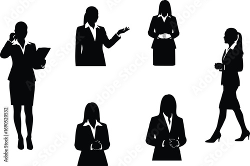 PrintBusinesswoman silhouette vector illustration set with professional poses, office attire, confident leadership, teamwork, communication, corporate business concept designBusinesswoman silho