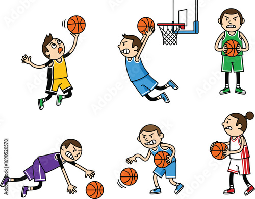 PrintCartoon basketball player vector illustration set showing dunk, dribble, pass, defense, teamwork, competition, sports action, athletic movement, game conceptCartoon basketball player vector ill