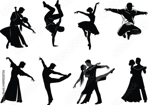 PrintSilhouette Vector of Diverse Dancers Performing Ballet, Hip-Hop, Ballroom, and Contemporary Dance Poses in Dynamic Artistic Motion and StyleSilhouette Vector of Diverse Dancers Performing Ballet