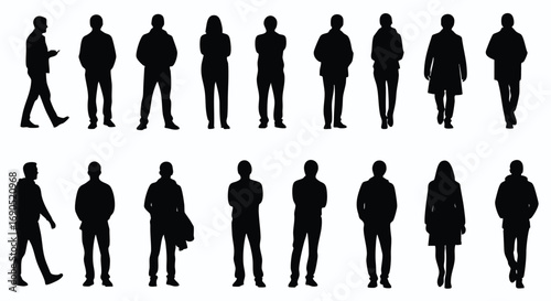 Diverse group of people silhouettes walking and standing in various poses against a white background