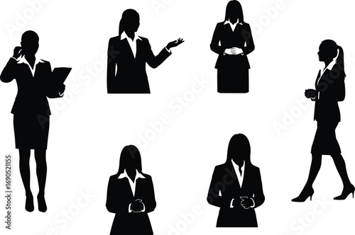 Professional businesswoman silhouette illustration set showinillustration set showing confident poses, corporate gestures, leadership concept, office presentation, teamwork communication, mod