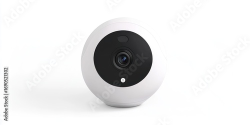 A white, spherical indoor security camera sits on a white surface. The camera has a black lens and a small white indicator light. 