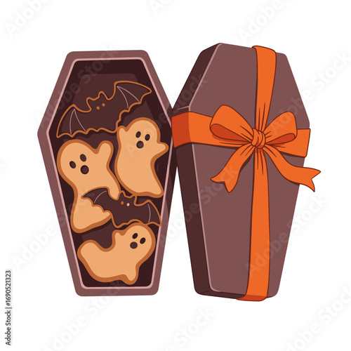 Halloween-themed chocolate coffin with ghost and bat cookies, small coffin-shaped gift box tied with a ribbon, opened to reveal Halloween cookies shaped like bats and ghosts, simple flat shading  