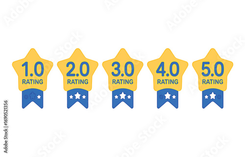 Five Star Rating Badges from 1 to 5 with Blue Ribbons stars icon
