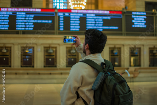 Hispanic backpacker traveler photographing departure board inside Grand Central Terminal New York City symbolizing tourism, urban lifestyle, exploration, commuting and iconic train station experience