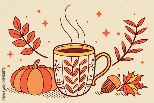 Vector art of autumnal bliss a cozy cup of coffee surrounded by fall foliage, pumpkin, and acorn, creating a warm and inviting seasonal scene on a beige background