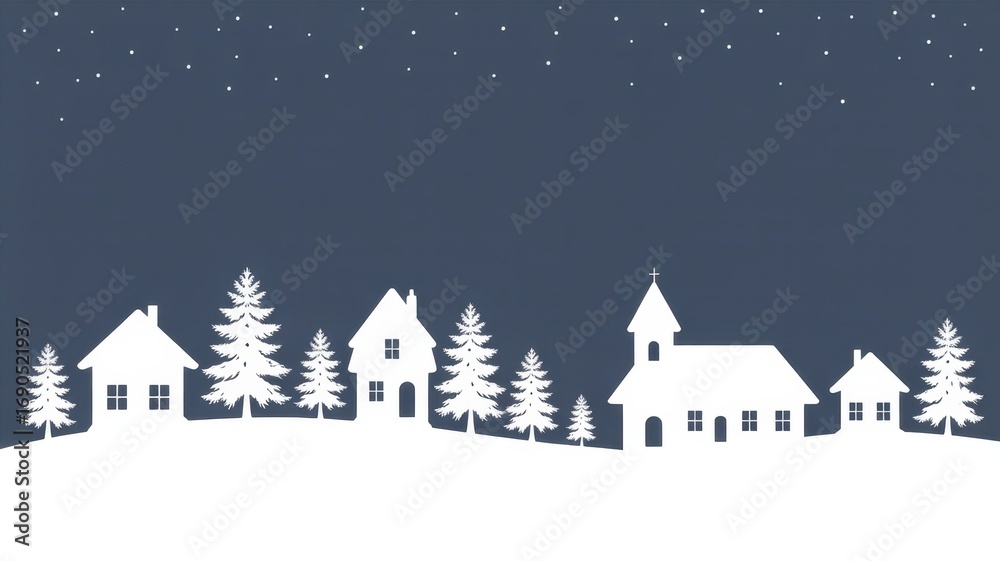 Naklejka premium Winter Village Silhouette: A charming winter village silhouette, with cozy houses, festive pine trees, and a church silhouetted against a starlit night, ideal for holiday season and seasonal designs.
