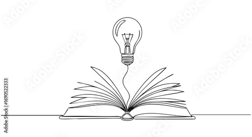 Inspiring education concept with glowing lightbulb above open book, symbolizing knowledge and creativity