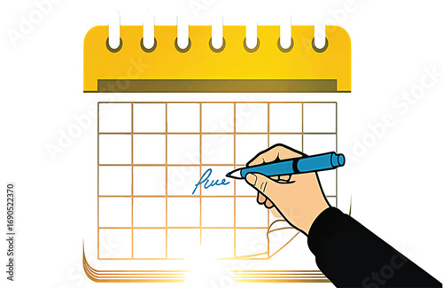 Hand writing on a calendar with a blue pen planner schedule