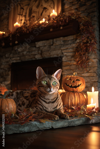 Cozy Bengal cat with pumpkins by fireplace, autumn vibes