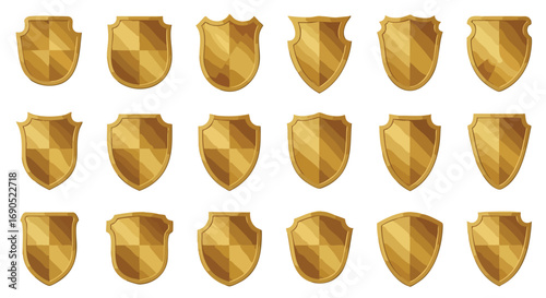 Golden shield icons for security, protection, and medieval themes in your creative projects today