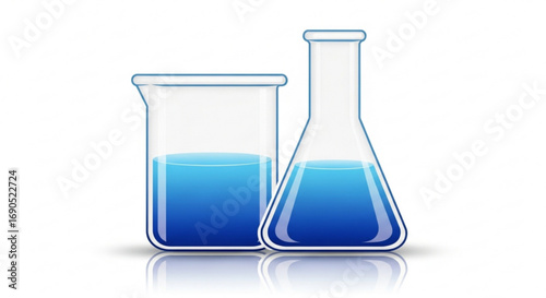 Beaker and erlenmeyer flask with blue liquid science lab equipment for chemistry and scientific research 100