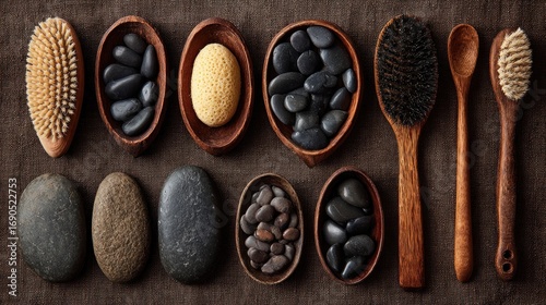 Harmonious arrangement of wooden bowls, brushes, stones, and a sponge displayed on textured fabric in a warm, neutral color palette