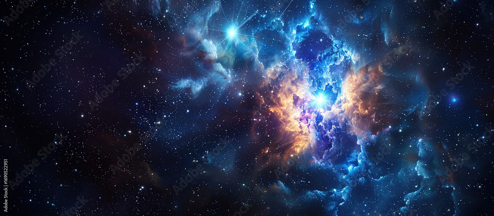 Naklejka premium Celestial Symphony: Explore the vast expanse of the cosmos with a stunning view of the galaxy, where vibrant nebulae dance amidst a tapestry of stars.