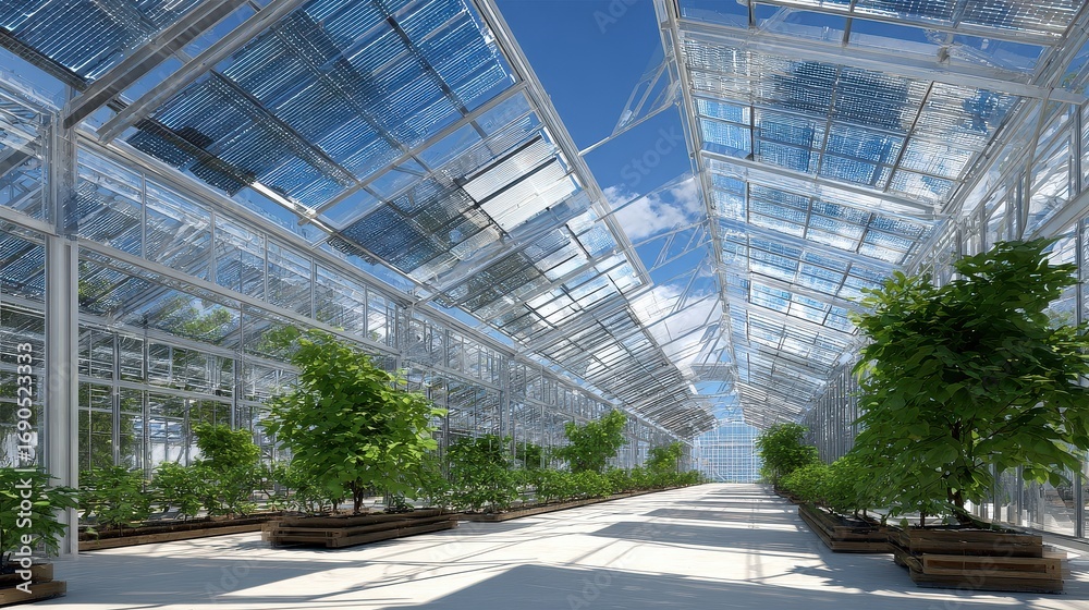 Fototapeta premium Transparent solar panels doubling as greenhouse roofs for growing crops, multifunctional renewable energy innovation.