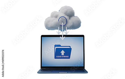 Laptop displaying cloud storage with data downloading from a cloud icon computer