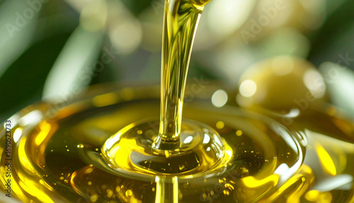 Extra virgin olive oil pouring golden liquid with olives in background