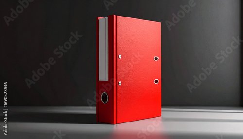 Red binder standing upright on a reflective surface against dark background
