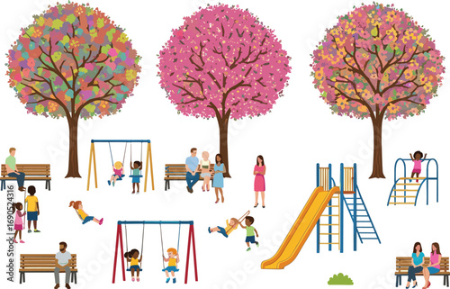Children playing on swings and slides in colorful playground with blossoming trees, families sitting on benches, outdoor spring park fun