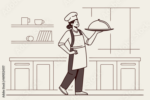 Professional chef in apron presenting dish on tray in restaurant kitchen