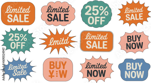 Colorful sale and discount promotion stickers and tags isolated on transparent background