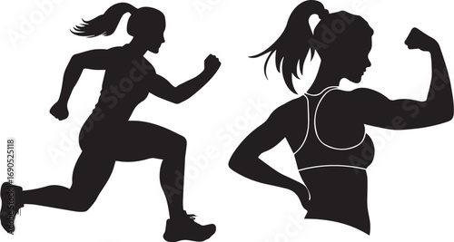Strong Woman Silhouette Vector Running and Flexing Fitness Illustration