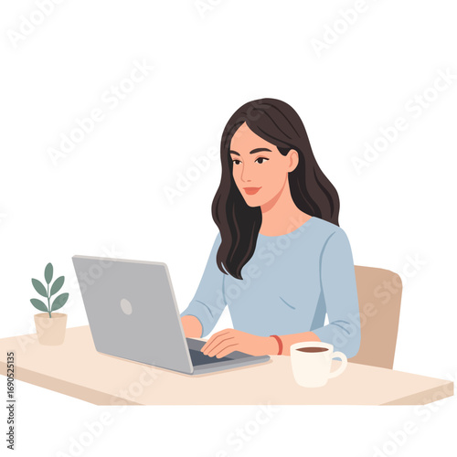 Young woman working on laptop at home office with coffee – freelance, remote work, online learning illustration.